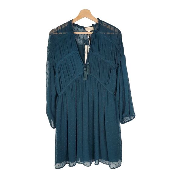 Sezane Stacy Swissdot Long Sleeve Flowy Mini Dress Teal La Maille Size Small New - Picture 2 of 9